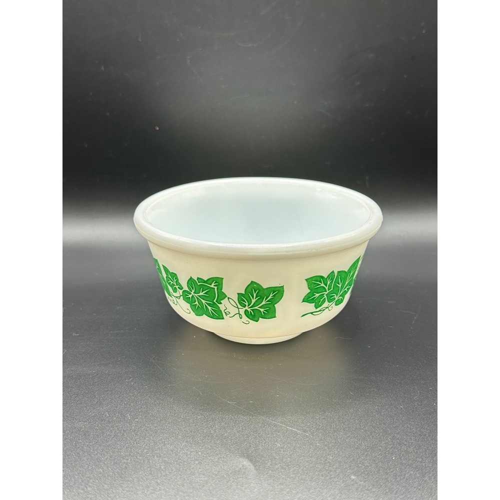 Hazel Atlas Milk Glass Mixing Bowl Green Ivy Leaf Pattern Vintage Kitchenware